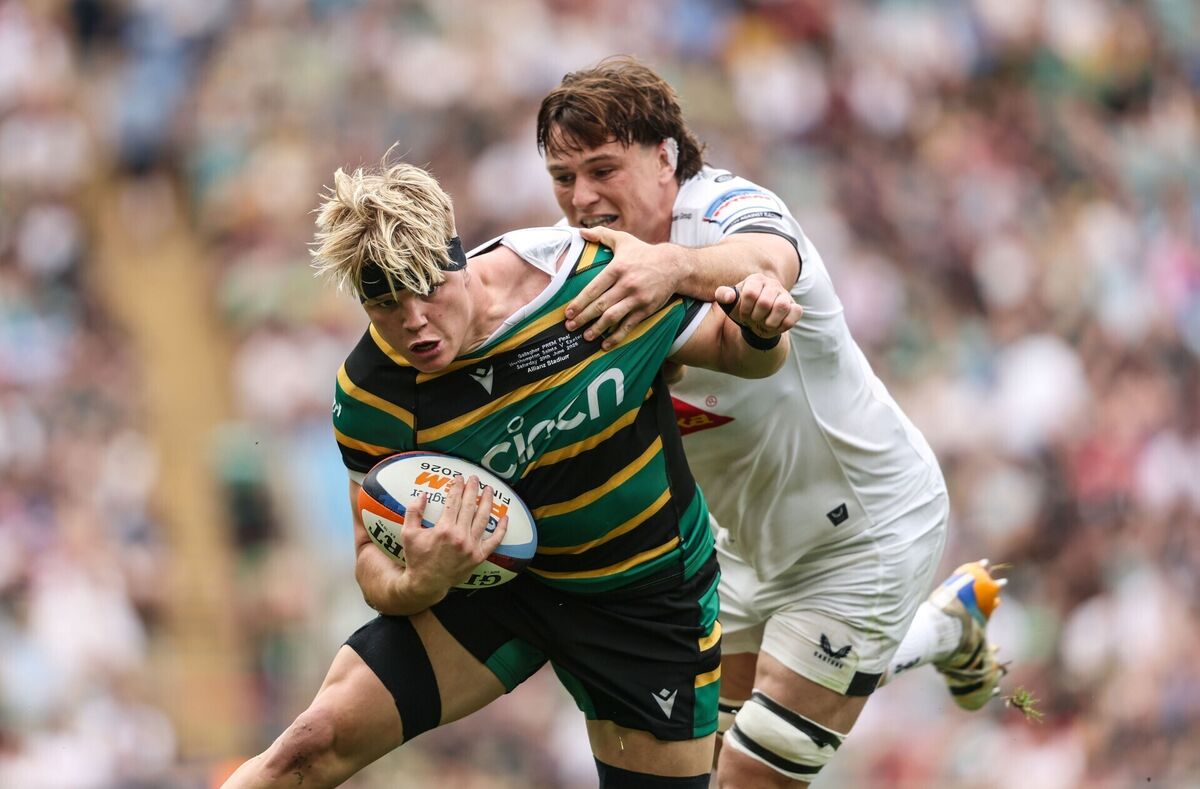 Northampton Saints' Henry Pollock is tackled by Tom Hooper of Exeter Chiefs during the PREM final. Pic: ©INPHO/Dan Sheridan