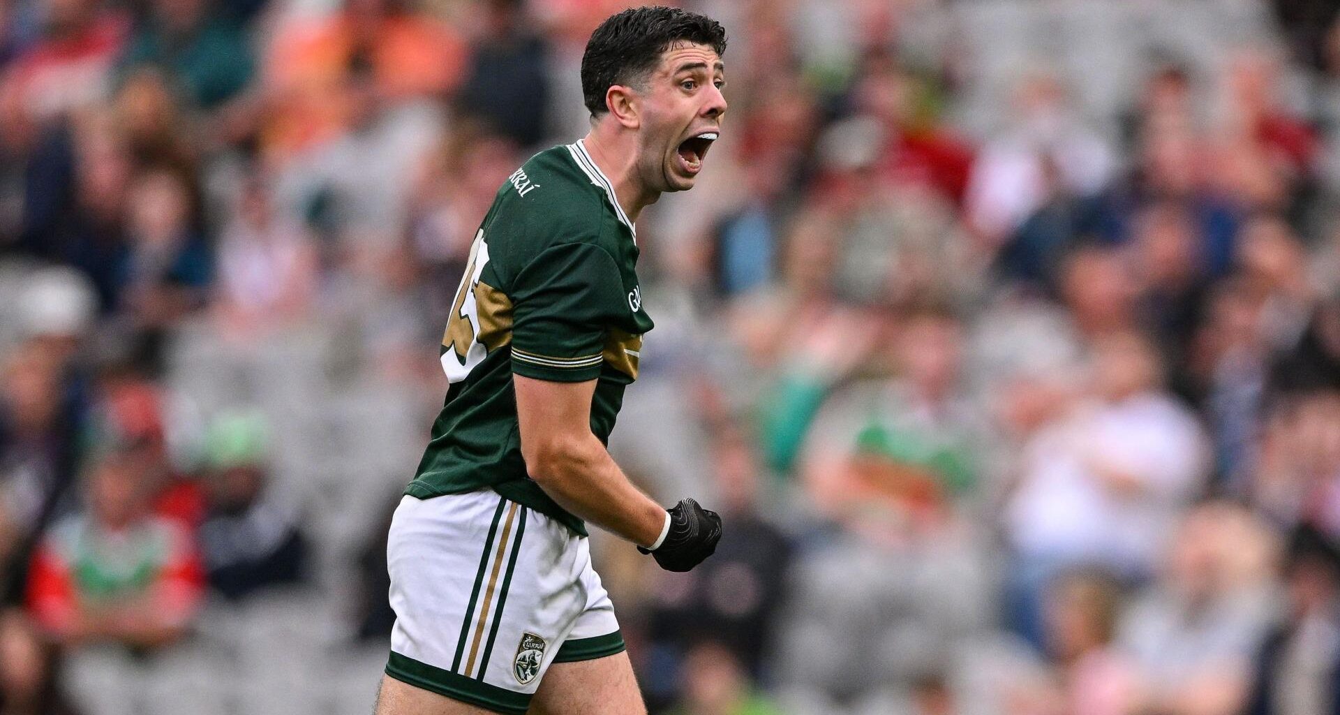 27 June 2026; Dylan Geaney of Kerry celebrates after a two-point score during the GAA Football All-Ireland Senior Championship quarter-final match between Kerry and Tyrone at Croke Park in Dublin. Photo by Ramsey Cardy/Sportsfile