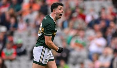 27 June 2026; Dylan Geaney of Kerry celebrates after a two-point score during the GAA Football All-Ireland Senior Championship quarter-final match between Kerry and Tyrone at Croke Park in Dublin. Photo by Ramsey Cardy/Sportsfile
