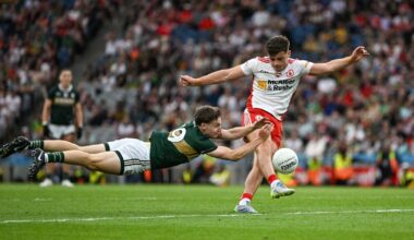 Keith Evans made a critical block on Michael McKernan as he wound up for a two-point effort which could have taken the game to extra-time. Pic: Ray McManus/Sportsfile