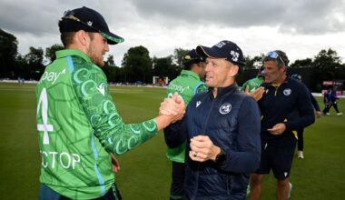 Ireland head coach Heinrich Malan and Tim Tector celebrate after Sunday's match two in Belfast. Pic: Ramsey Cardy/Sportsfile