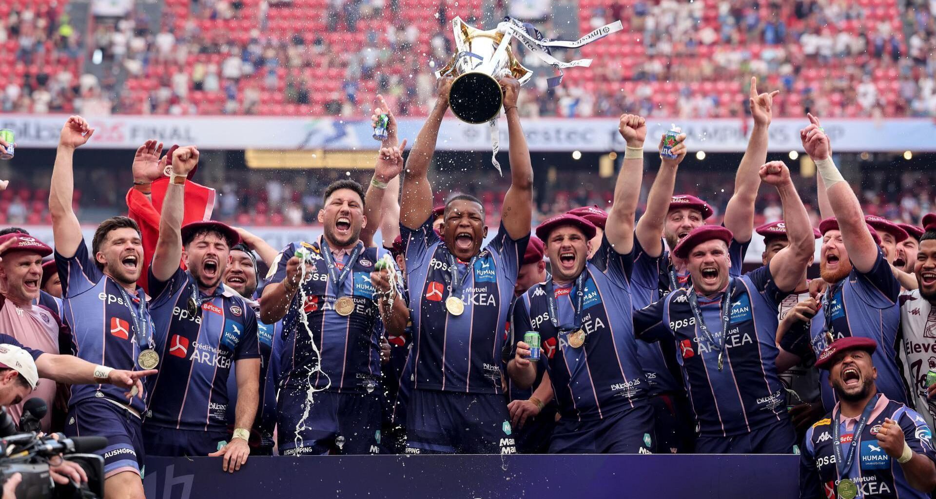 Union Bordeaux Bègles' Cameron Woki celebrates with the Champions Cup Trophy. Pic: ©INPHO/James Crombie