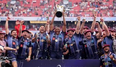 Union Bordeaux Bègles' Cameron Woki celebrates with the Champions Cup Trophy. Pic: ©INPHO/James Crombie
