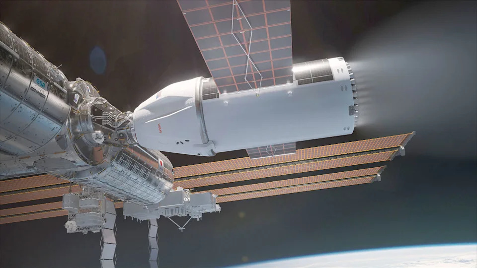 a cone-shaped white spacecraft attached to a metallic cylinder in space