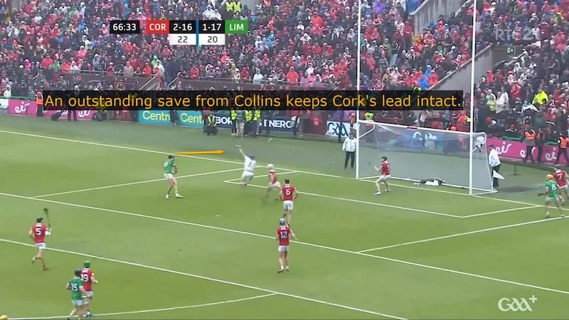 Patrick Collins moves quickly to close the angle on Gearoid Hegarty and makes an outstanding reaction save.