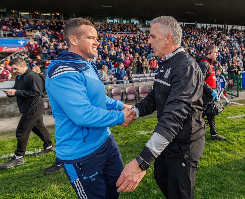 Dublin’s manager Ger Brennan and Galway manager Pádraic Joyce after league tie on March 22nd. Photograph: James Crombie/©INPHO