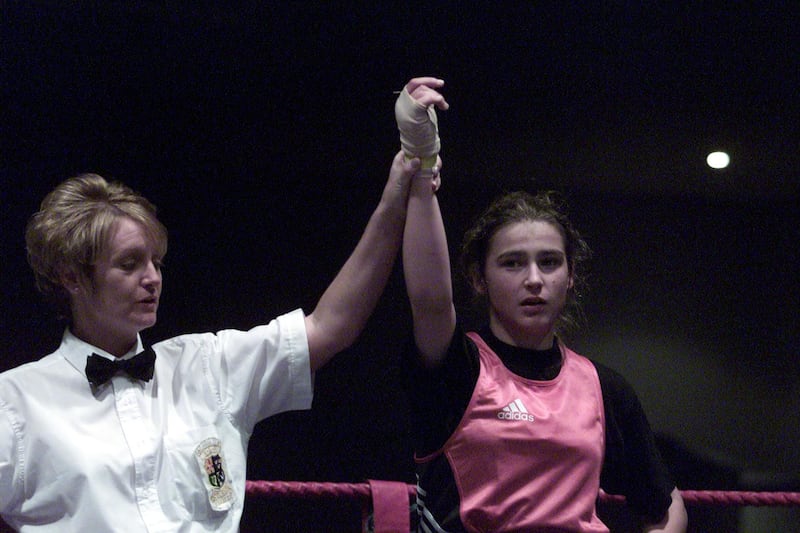 A 15-year-old Katie Taylor after winning the first ever female amateur boxing event in Ireland in 2001. Photograph: Morgan Treacy/Inpho
