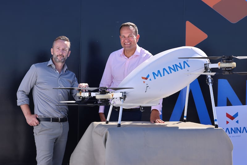Then tánaiste Leo Varadkar at the launch of Manna drone delivery’s Balbriggan operation, with chief executive Bobby Healy, in 2022.
Photograph: Dara Mac Dónaill 







