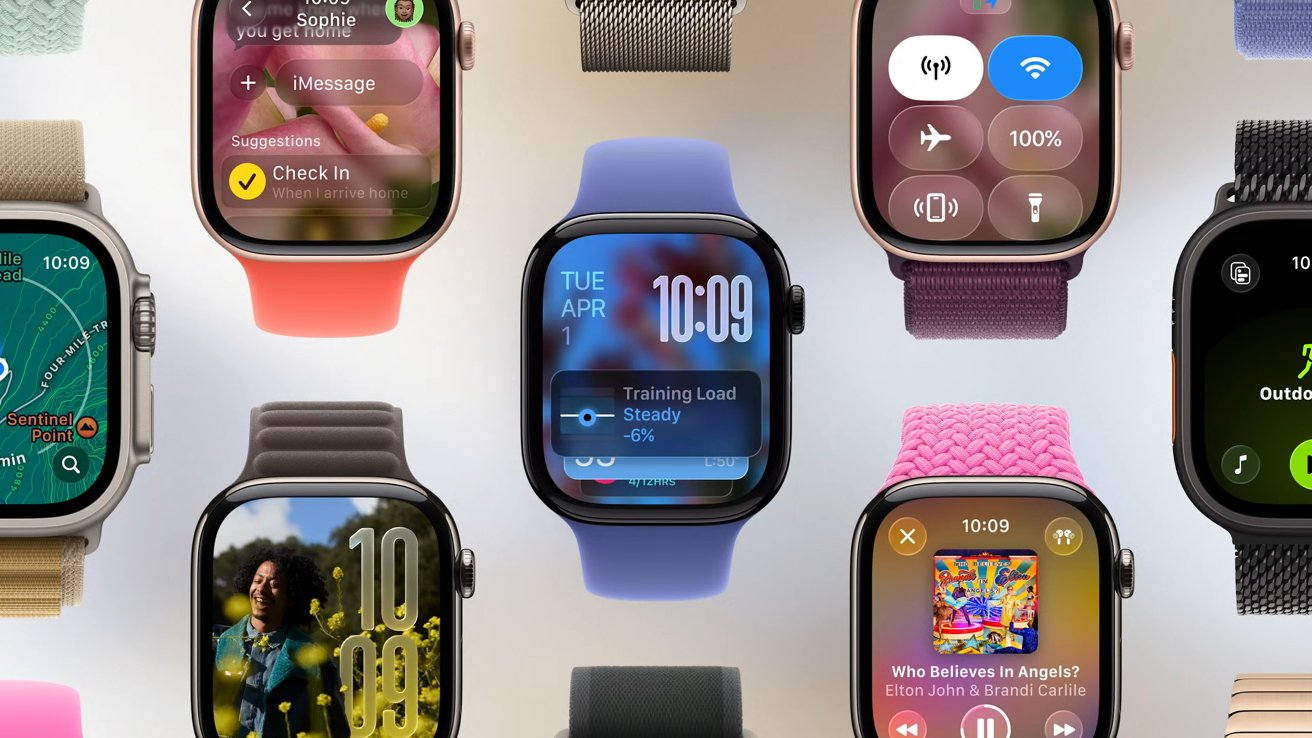 A collection of smartwatches displaying different colorful interfaces, showcasing maps, messaging, music playback, training load, and outdoor activities against a plain background.