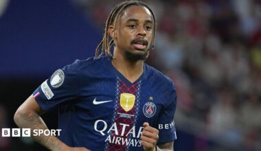 Bradley Barcola playing for Paris St-Germain
