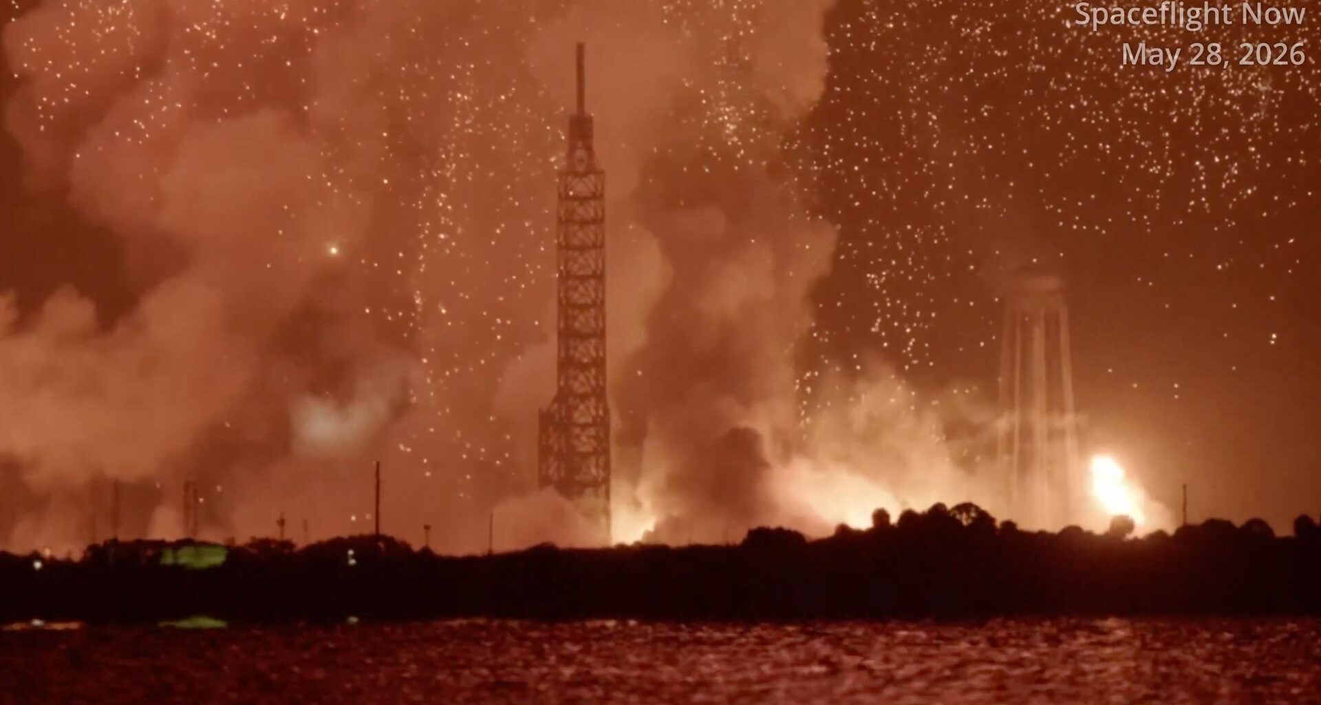 This still image from a Spaceflight Now video shows the aftermath of a massive explosion and fireball after an anomaly with Blue Origin's NG-4 New Glenn rocket booster on May, 28, 2026.