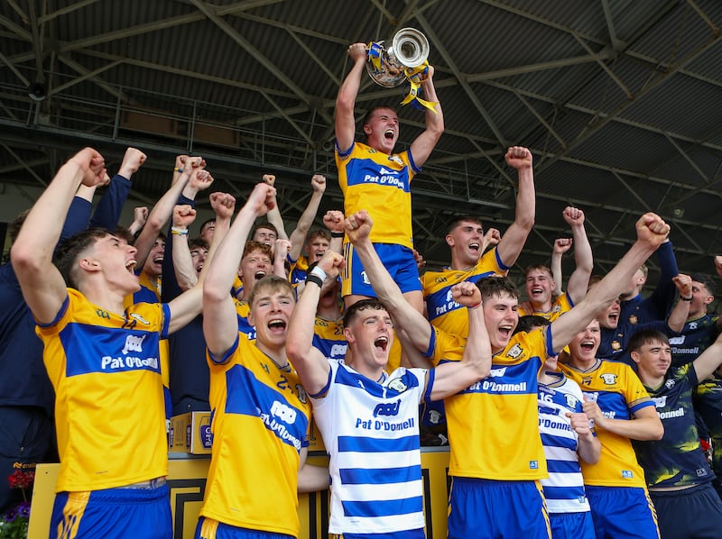 Clare's Eoghan Gunning celebrates with team-mates after winning Under-20 All-Ireland. Photograph: Stephen Heaney/Inpho
