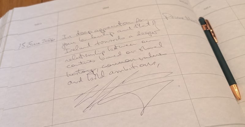 Canadian prime minister Mark Carney's note in the guest book in the Taoiseach's office at Government Buildings. Photograph: PA