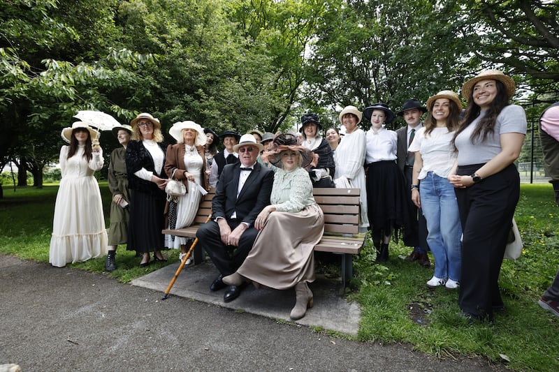 Bloomsday fans and local actors at the Joyce bench in Ringsend Park. Pictured (centre) are Philip Murphy as James Joyce and Mary O’Neill Byrne as Nora Barnacle. Photograph: Nick Bradshaw/The Irish Times