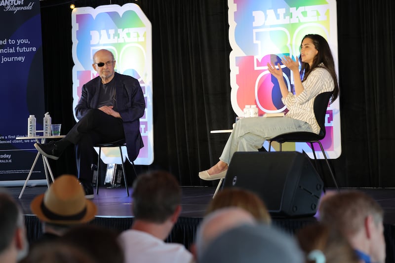 Rushdie (left) and Emre on stage the Dalkey Book Festival. Photograph: Bryan O’Brien