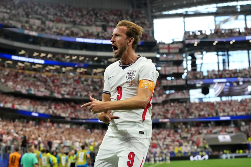 Harry Kane celebrates scoring England's opening goal from a penalty. Photograph: Nick Potts/PA