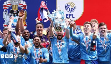 Coventry City celebrate after winning the Championship in 2025