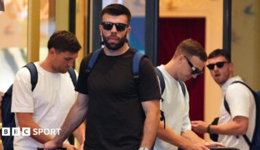 Scotland players John Souttar, Grant Hanley, Lewis Ferguson and Andy Robertson leave the team hotel