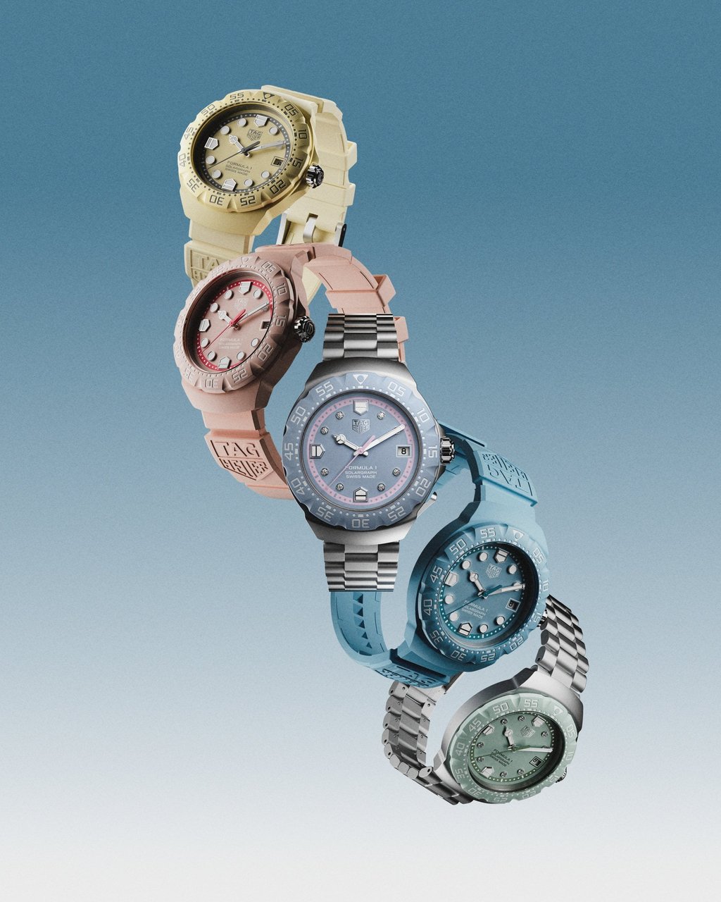 The five watches in the Tag Heuer Formula One 38mm Solargraph Pastel collection. Photo: Handout