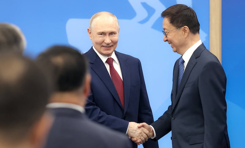 Russia's president Vladimir Putin and vice president of China Han Zheng hold a meeting on the sidelines of the economic forum in St Petersburg. Photo: Valery Sharifulin/AFP via Getty
