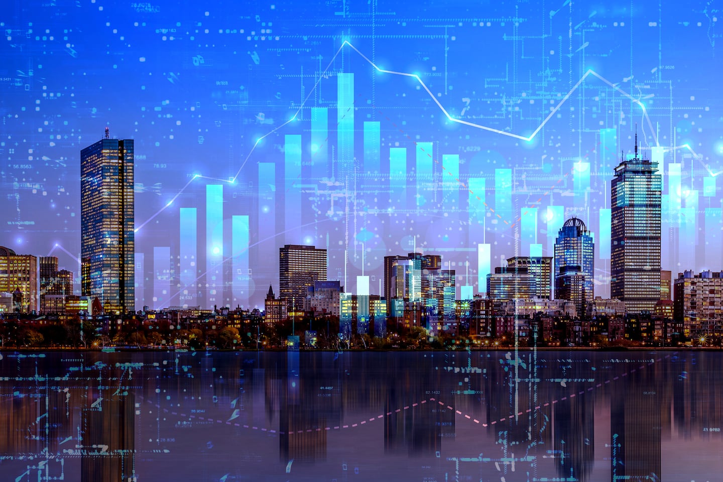 A bar graph imposed over a view of the Boston skyline at night. The bars and graph line mimic the height of various buildings.