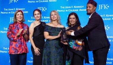 Caroline Kennedy, left, stands with Natalie Ehret, (from left) Zena Stenvik, Carolina Ortiz and Imam Yusuf Abdulle after they received the 2026 John F. Kennedy Profile in Courage Award Sunday night in Boston.