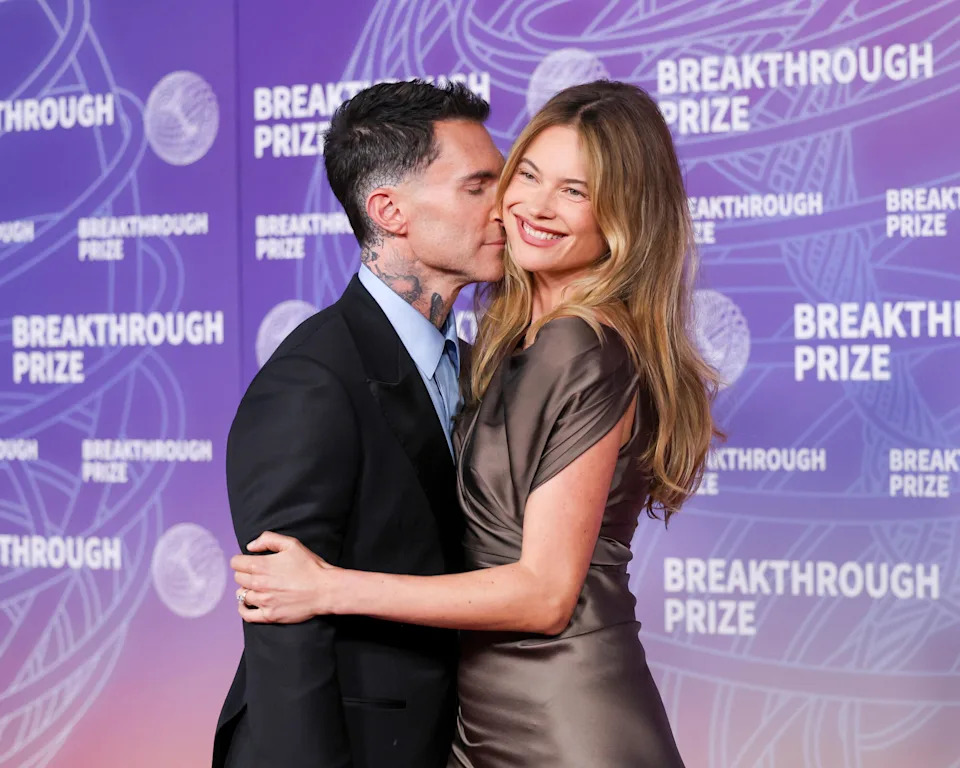 Adam Levine and Behati Prinsloo at the 12th Breakthrough Prize Ceremony held at Barker Hangar on April 18, 2026 in Los Angeles, California.