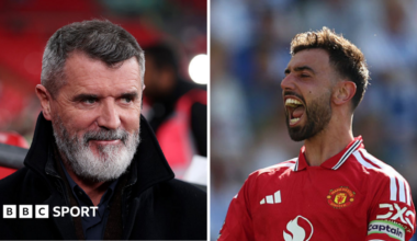 Split image of Roy Keane (left), bearded and wearing a black coat, and Bruno Fernandes (right), wearing a red Man United shirt and with his mouth open in celebration