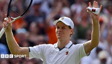 Jannik Sinner celebrates coming through his first-round match against Miomir Kecmanovic