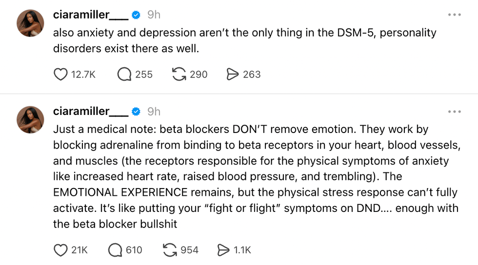 Social media post discussing DSM-5 disorders and beta blockers' effects on emotions and stress responses. Social media post discussing DSM-5 disorders and beta blockers' effects on emotions and stress responses.