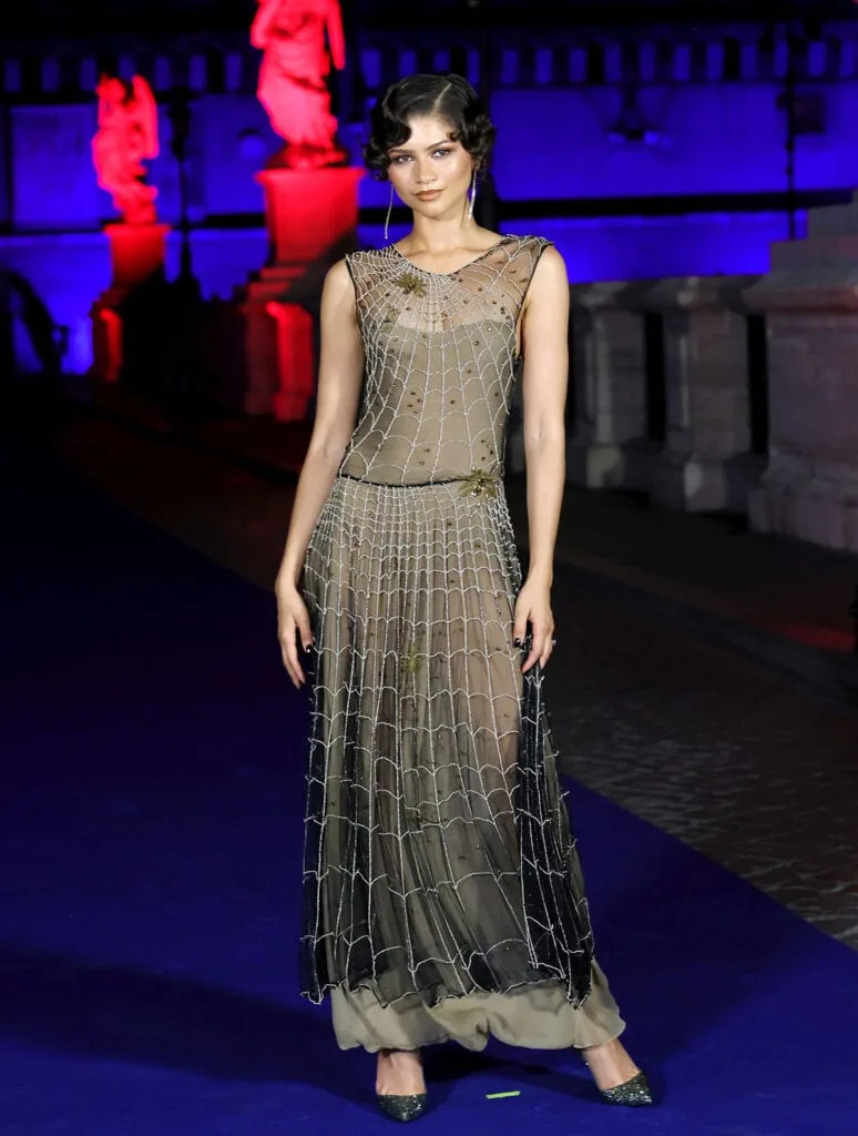 Zendaya wearing a Giorgio Armani Spring/Summer 1990 spiderweb dress at the Spider-Man: Brand New Day premiere in Rome.