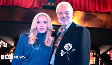 Madonna and Graham Norton are pictured together. She is wearing a blue dress, he is in a dark jacket with a flower motif. They are photographed against a nightclub background.