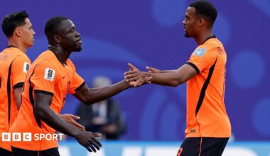 The Netherlands celebrate after Brian Brobbey scores against Tunisia