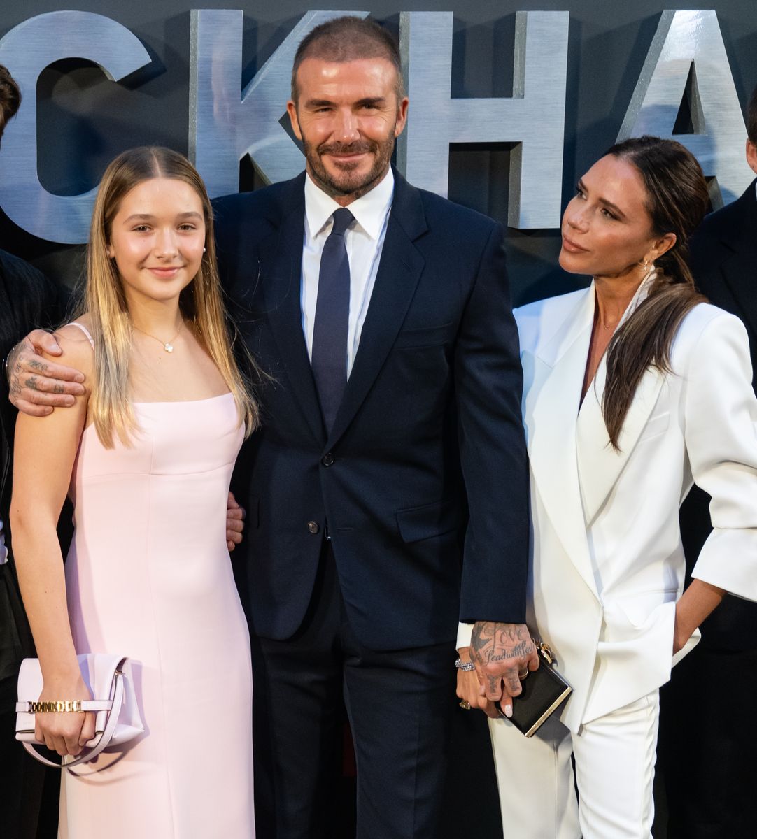 Harper Beckham, David Beckham and Victoria Beckham  on October 03, 2023.