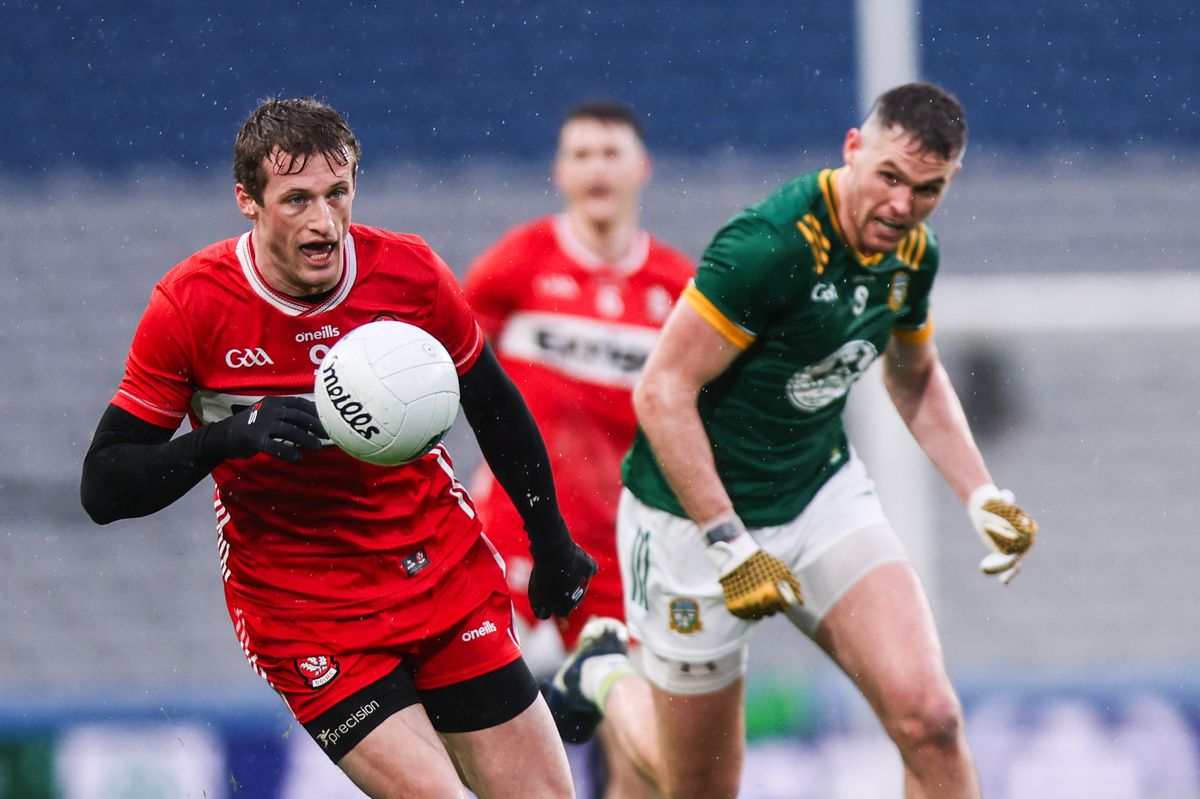 Derry's Brendan Rogers and Jack Flynn of Meath during January's League clash in Croke Park