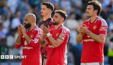 Manchester United players in red shirt, including Bruno Fernandes (centre) and Harry Maguire (right), applaud the crowd.