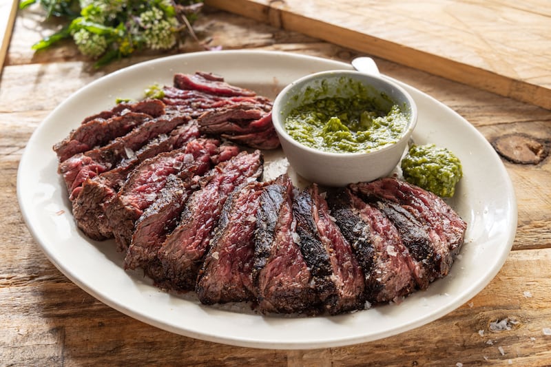 Mark Moriarty's barbecue skirt steak with charred chilli chimichurri. Photograph: Harry Weir