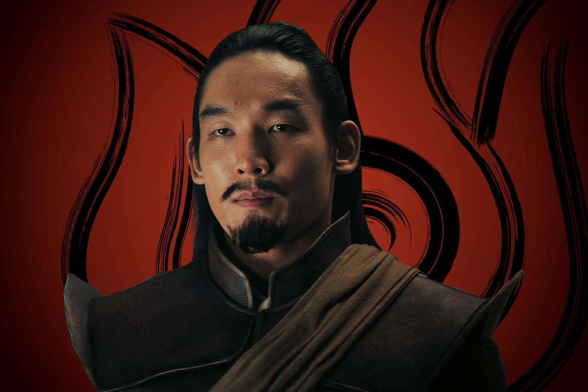 Jeremiah Oh as General Vinh Tran in dark, fantasy-inspired attire stands against a red background with black flame designs, evoking a dramatic, mystical setting.