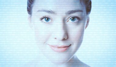 A woman with light skin and blue eyes smiles gently at the camera. Over her face, translucent binary code (ones and zeros) is displayed, symbolizing the intersection of humans and digital technology.