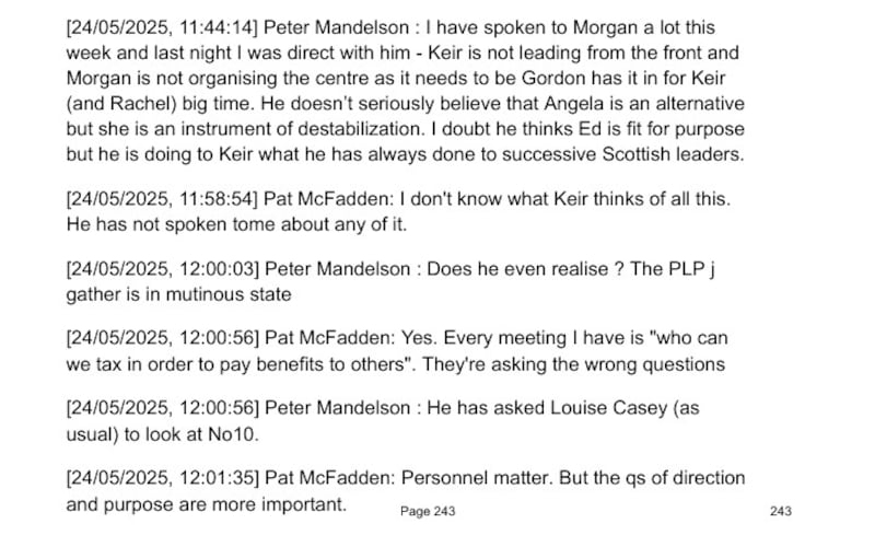 A document dated May 24th, 2025, issued by the UK Cabinet Office shows WhatsApp exchanges between Peter Mandelson and Pat McFadden. Photograph: Cabinet Office/PA Wire 

