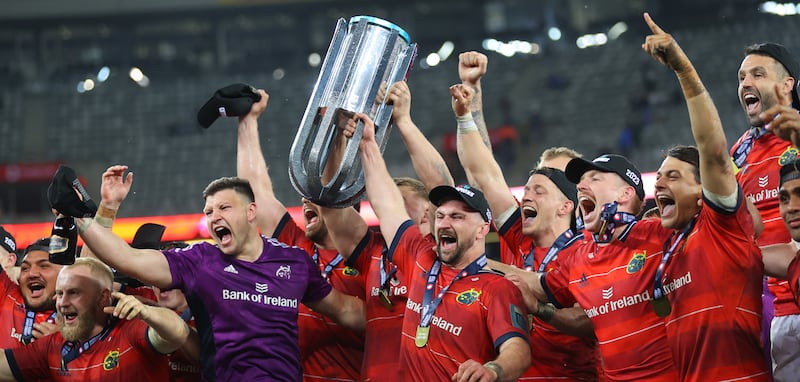 Munster players celebrate winning the URC title in 2023. Photograph: James Crombie/Inpho