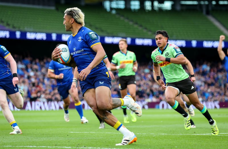 Leinster's Rieko Ioane on his way to scoring his side’s first try of the match. Photograph: Dan Clohessy/Inpho