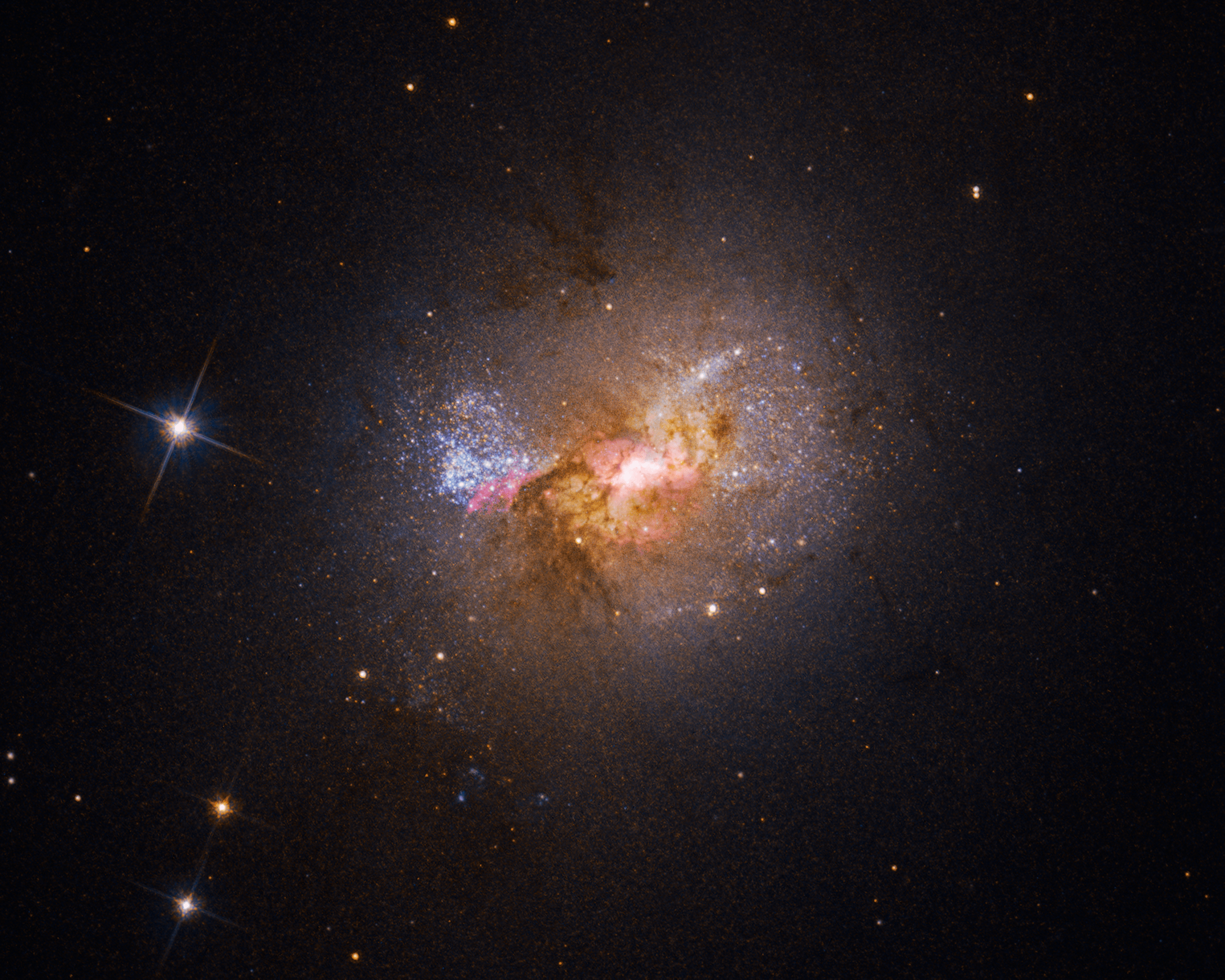 Hubble Space Telescope image of an irregular dwarf galaxy showing bright blue star clusters, pink star-forming regions, and a dusty golden core against a black starfield.