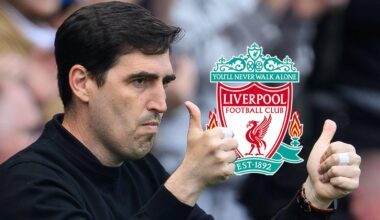 Andoni Iraola gives the double thumbs up as he's seen here next to the Liverpool badge