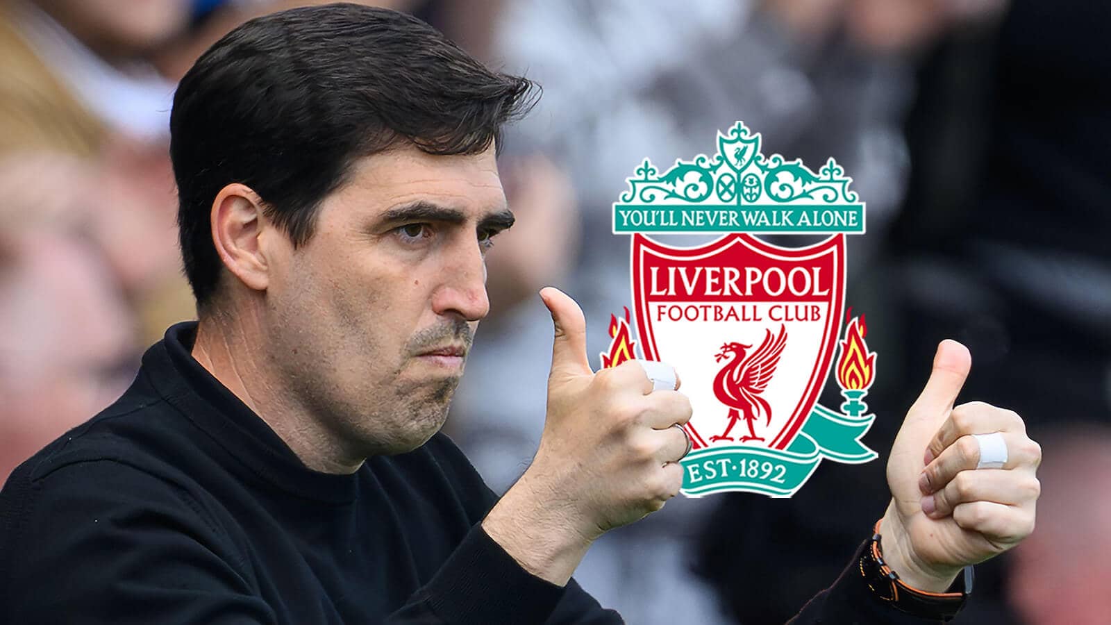 Andoni Iraola gives the double thumbs up as he's seen here next to the Liverpool badge