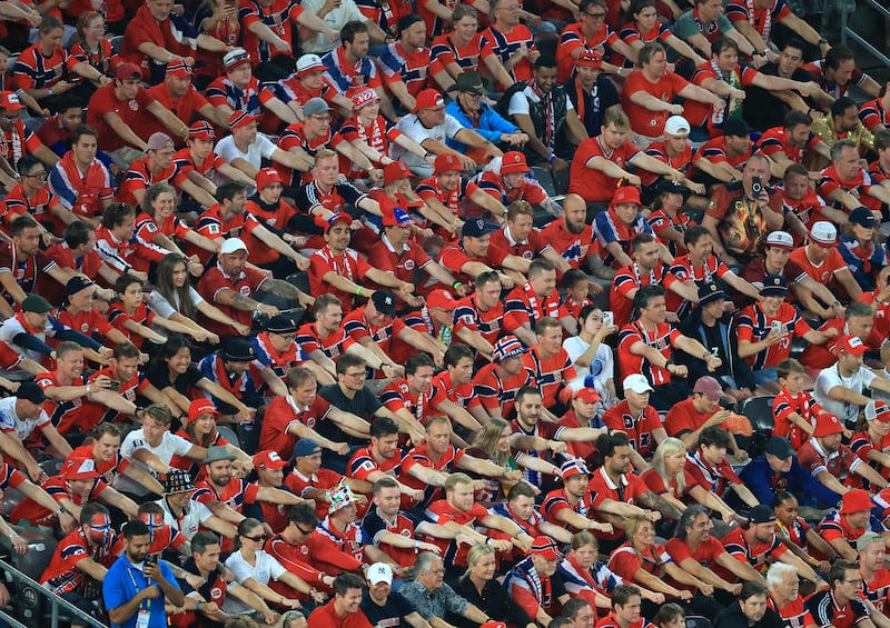Norway's fans 'row the longboat' during the 2026 World Cup Group I football match between Norway and Senegal at the New York New Jersey Stadium in East Rutherford. Photograph: Timothy A. CLARY/AFP via Getty Images