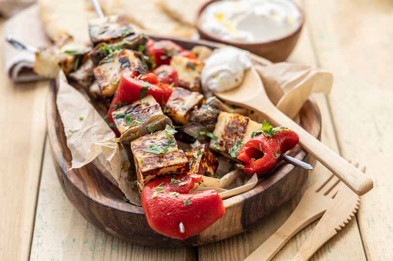 Mark Moriarty's Greek-style halloumi skewers. Photograph: Harry Weir