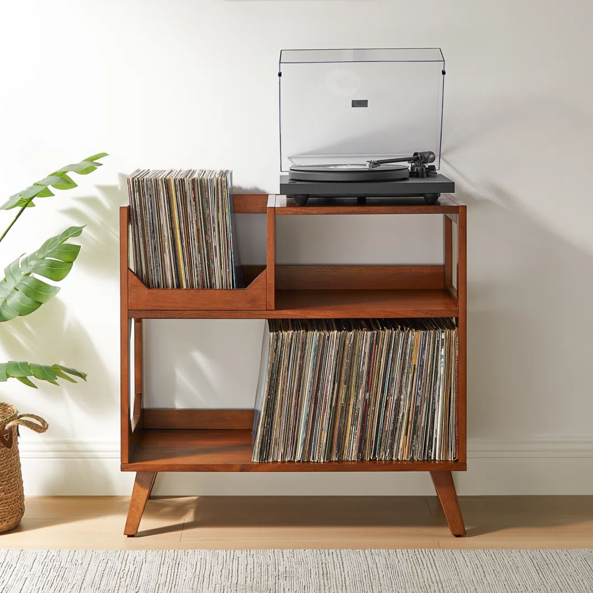 Wood mid-century modern open shelf with vinyl records