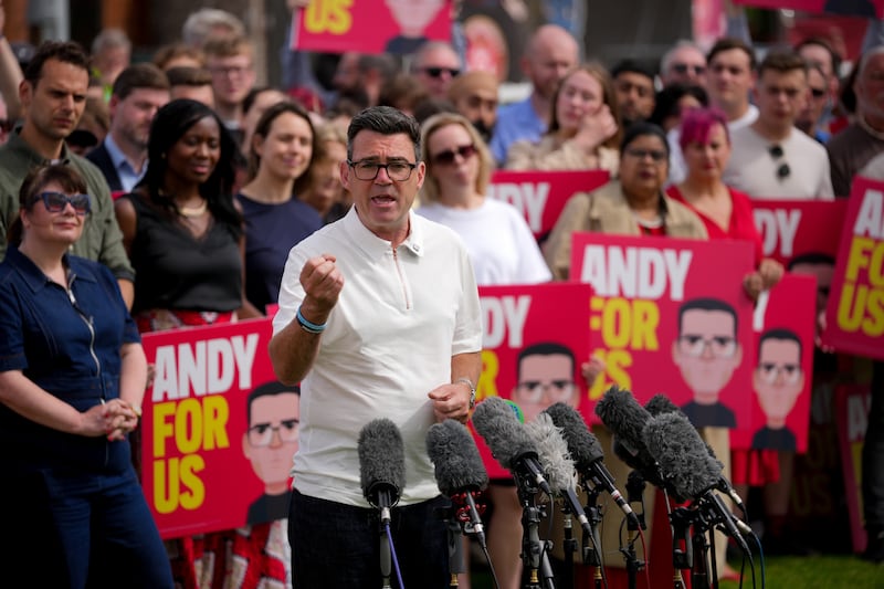 Andy Burnham speaks as he celebrates his victory in the Makerfield byelection, at Ashton Town Football Club. Photograph: Christopher Furlong/Getty Images