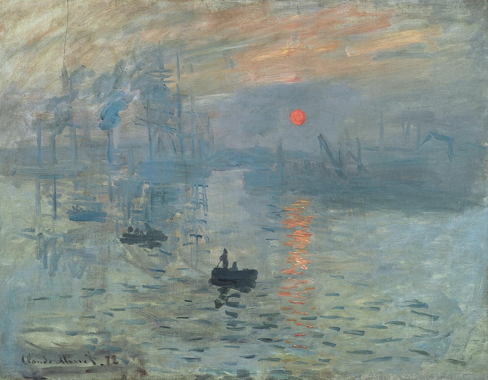 An oil painting depicts a red sun rising over a blue-gray sea. In the foreground, two fishing boats make their way over the water. Ships loom in the background.